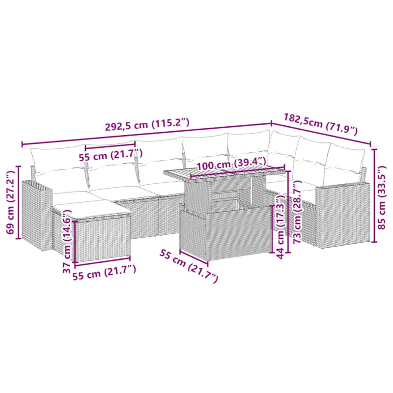 vidaXL 9-daļīgs dārza dīvānu komplekts, matrači, bēša PE rotangpalma