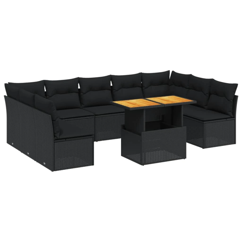 vidaXL 10-daļīgs dārza dīvāna komplekts, matrači, melna PE rotangpalma