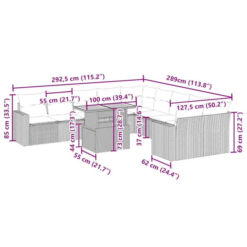 vidaXL 11-daļīgs dārza dīvāna komplekts, matrači, bēša PE rotangpalma