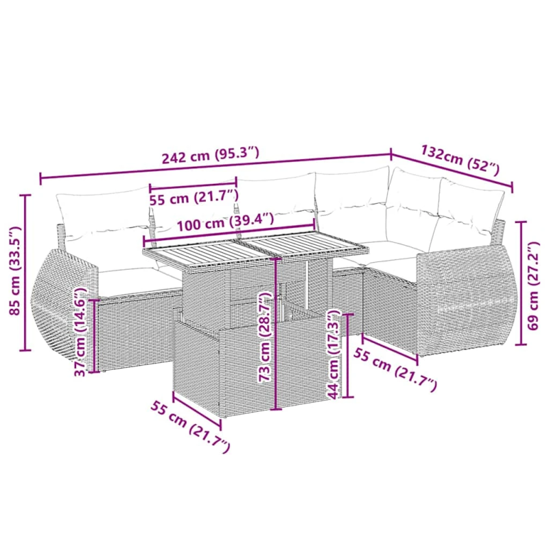 vidaXL 6-daļīgs dārza dīvāna komplekts, matrači, bēša PE rotangpalma