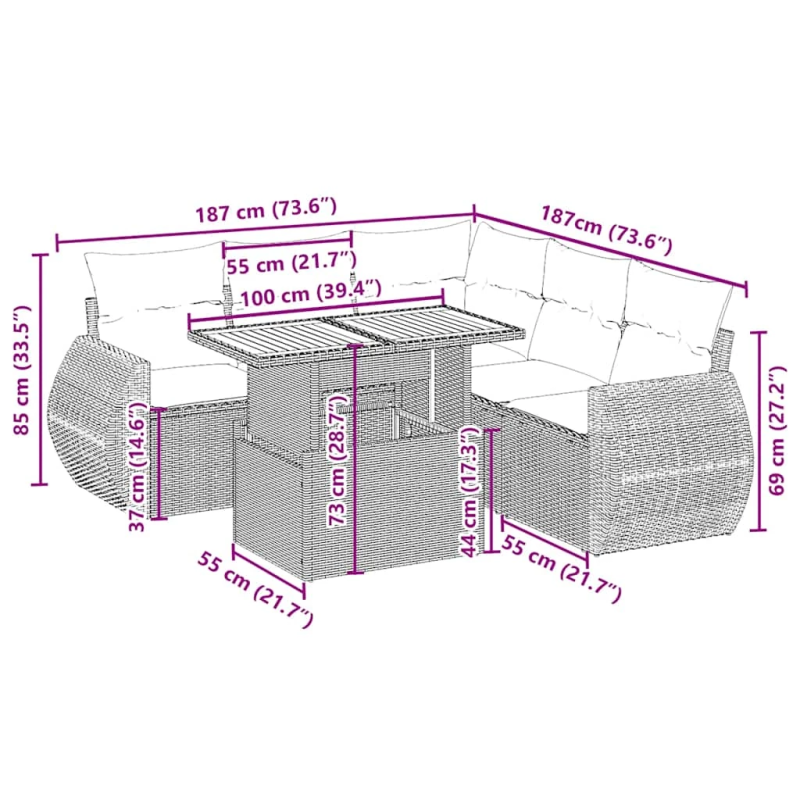 vidaXL 6-daļīgs dārza dīvāna komplekts, matrači, bēša PE rotangpalma