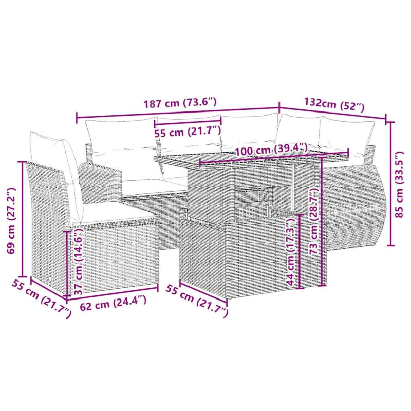 vidaXL 6-daļīgs dārza dīvāna komplekts, matrači, bēša PE rotangpalma