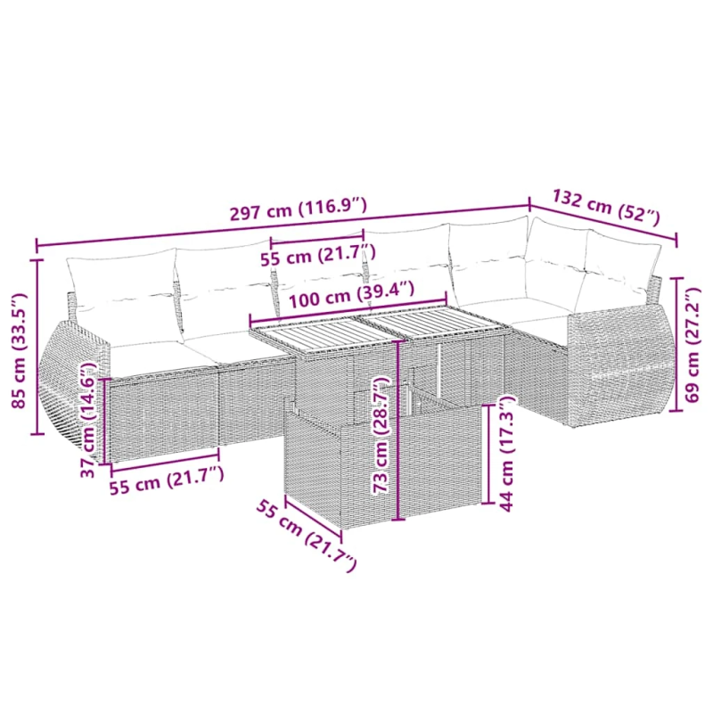 vidaXL 7-daļīgs dārza dīvāna komplekts, matrači, bēša PE rotangpalma