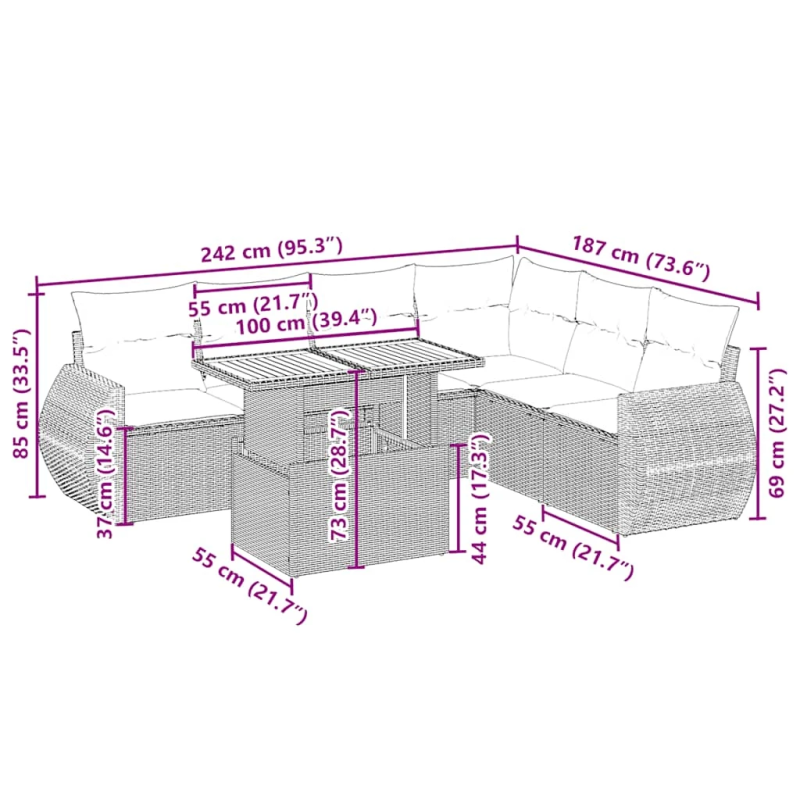 vidaXL 7-daļīgs dārza dīvāna komplekts, matrači, bēša PE rotangpalma