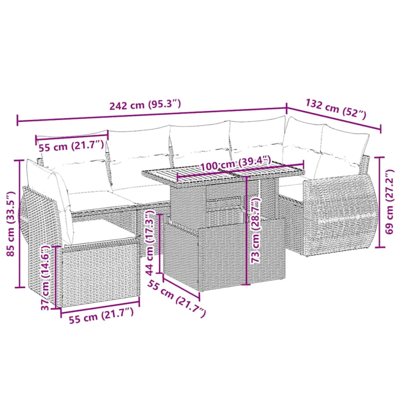 vidaXL 7-daļīgs dārza dīvāna komplekts, matrači, bēša PE rotangpalma