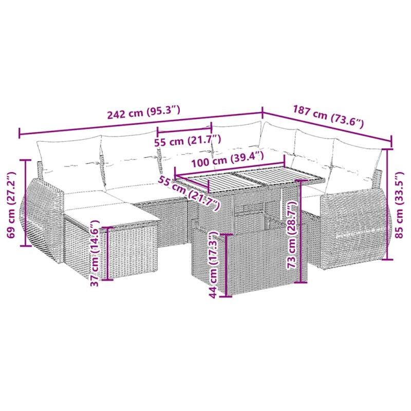 vidaXL 8-daļīgs dārza dīvāna komplekts, matrači, bēša PE rotangpalma