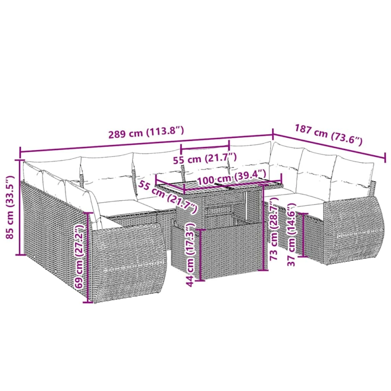 vidaXL 10-daļīgs dārza dīvāna komplekts, matrači, bēša PE rotangpalma