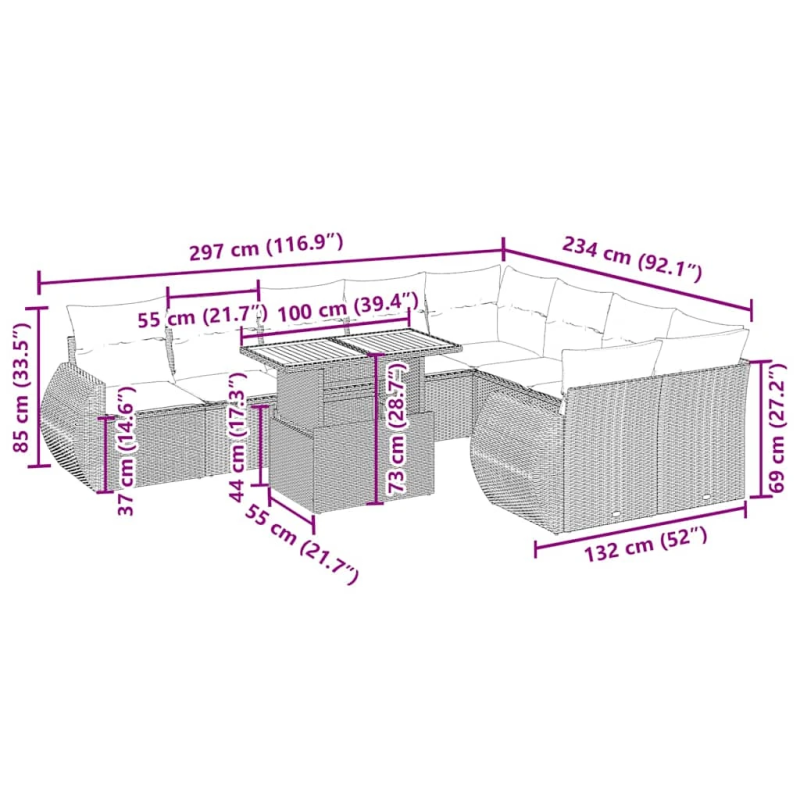 vidaXL 10-daļīgs dārza dīvāna komplekts, matrači, bēša PE rotangpalma