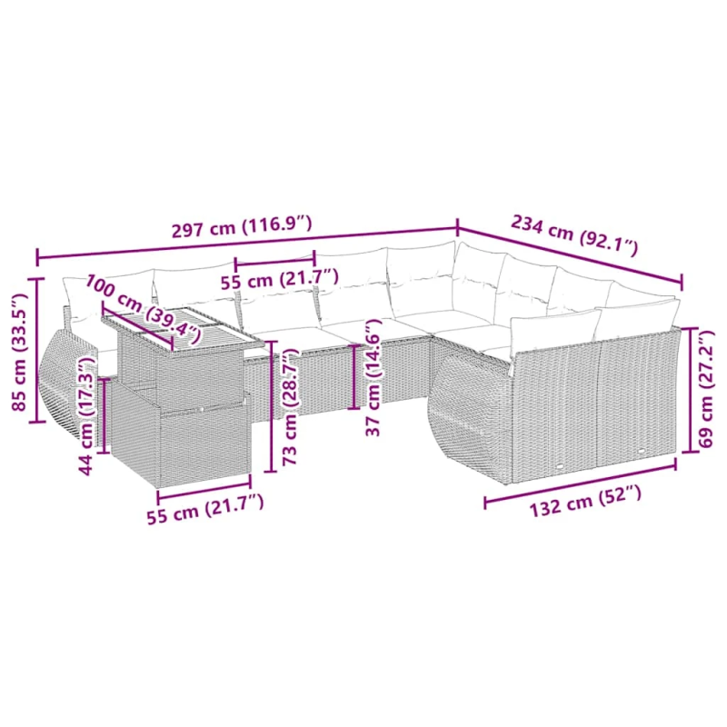 vidaXL 10-daļīgs dārza dīvāna komplekts, matrači, bēša PE rotangpalma