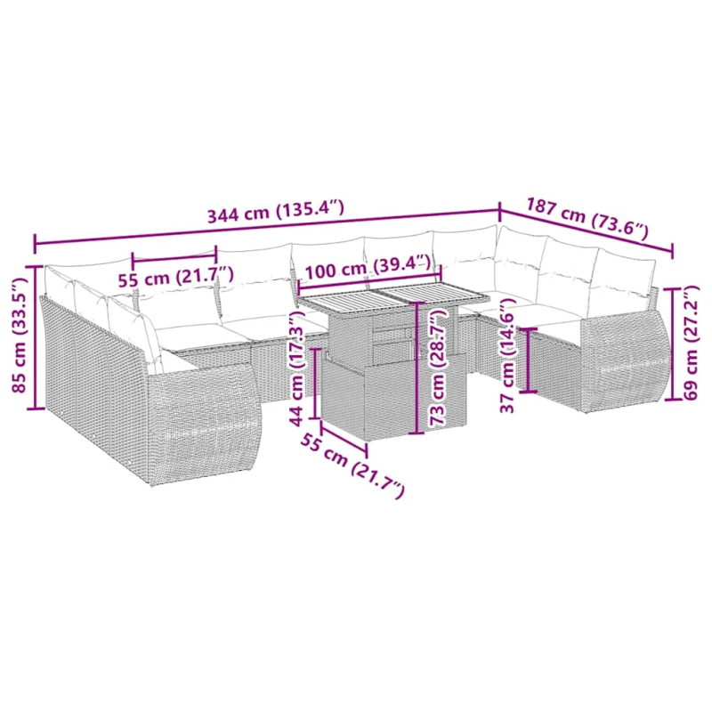 vidaXL 11-daļīgs dārza dīvāna komplekts, matrači, bēša PE rotangpalma