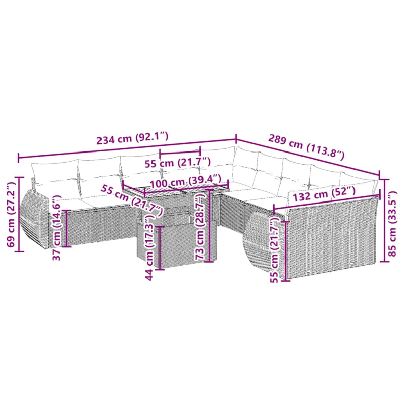 vidaXL 11-daļīgs dārza dīvāna komplekts, matrači, bēša PE rotangpalma