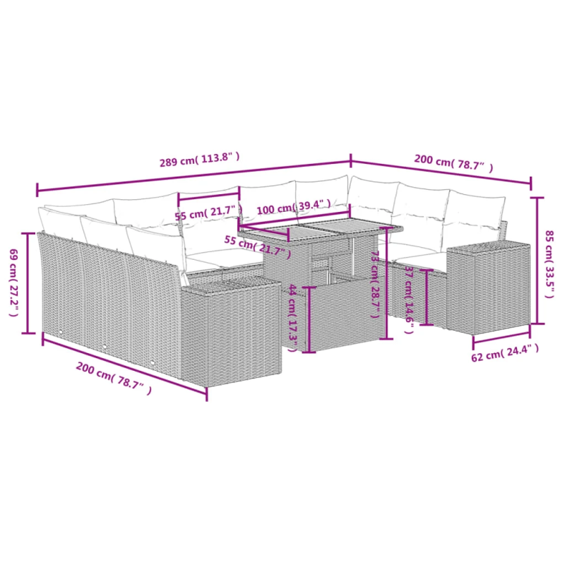 vidaXL 10-daļīgs dārza dīvāna komplekts, matrači, bēša PE rotangpalma
