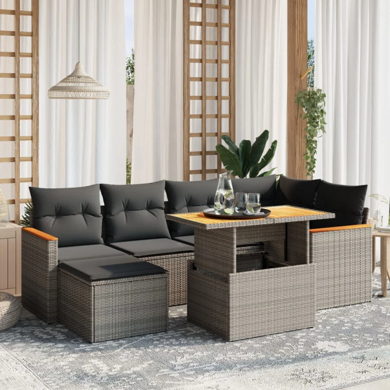 vidaXL 7-daļīgs dārza dīvāna komplekts, matrači, pelēka PE rotangpalma