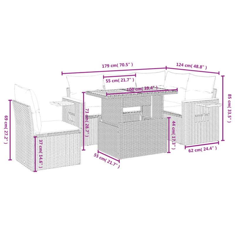 vidaXL 6-daļīgs dārza dīvāna komplekts ar matračiem, pelēks PE pinums