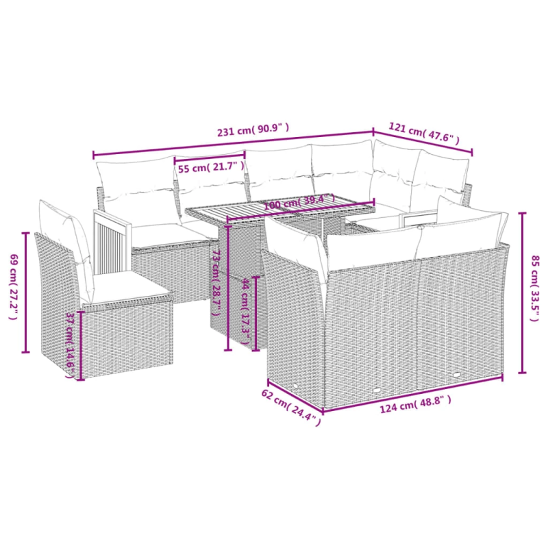 vidaXL 9-daļīgs dārza dīvānu komplekts, matrači, bēša PE rotangpalma