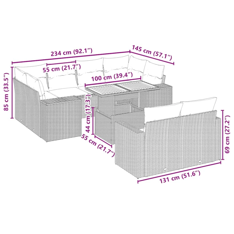 vidaXL 11-daļīgs dārza dīvāna komplekts, matrači, bēša PE rotangpalma