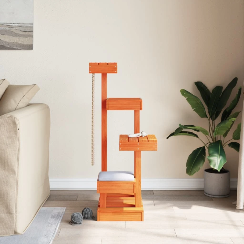 vidaXL kaķu māja, vaska brūna, 45,5x49x103 cm, priedes masīvkoks