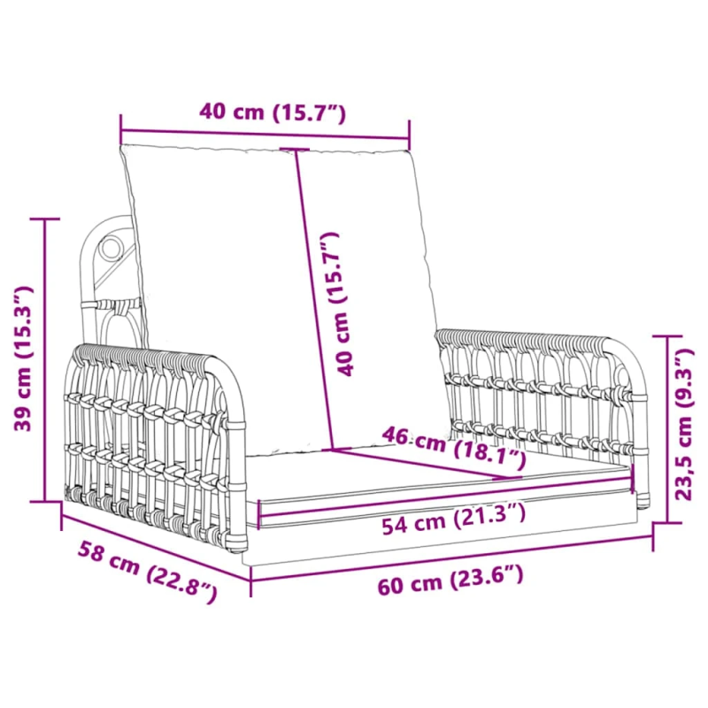 vidaXL šūpuļkrēsls ar matračiem, 63x58x39 cm, PE rotangpalma, tērauds