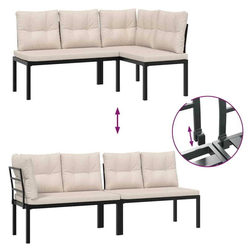 vidaXL dārza dīvānu ar spilveniem, 6 gab, melni, pulverkrāsots tērauds