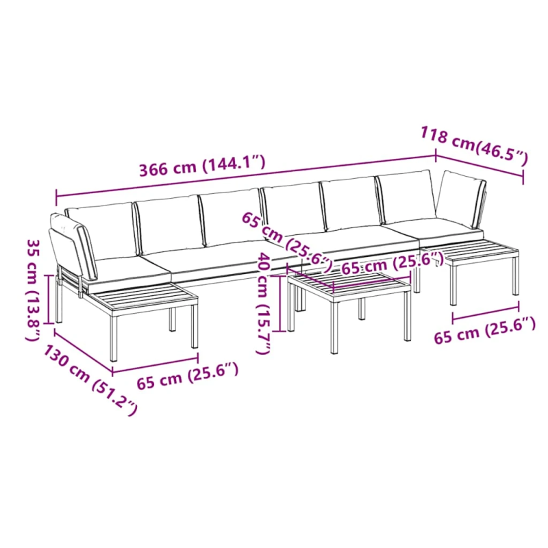 vidaXL dārza dīvānu ar spilveniem, 5 gab, melni, alumīnijs