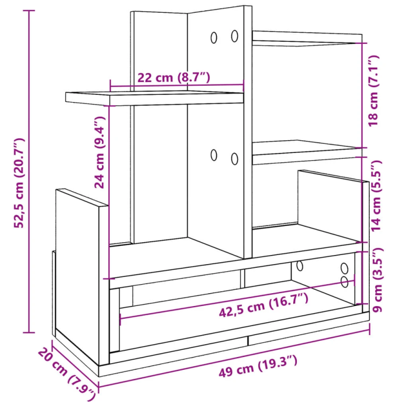 vidaXL rakstāmgalda organizators, betona pelēks, 49x20x52,5 cm, koks