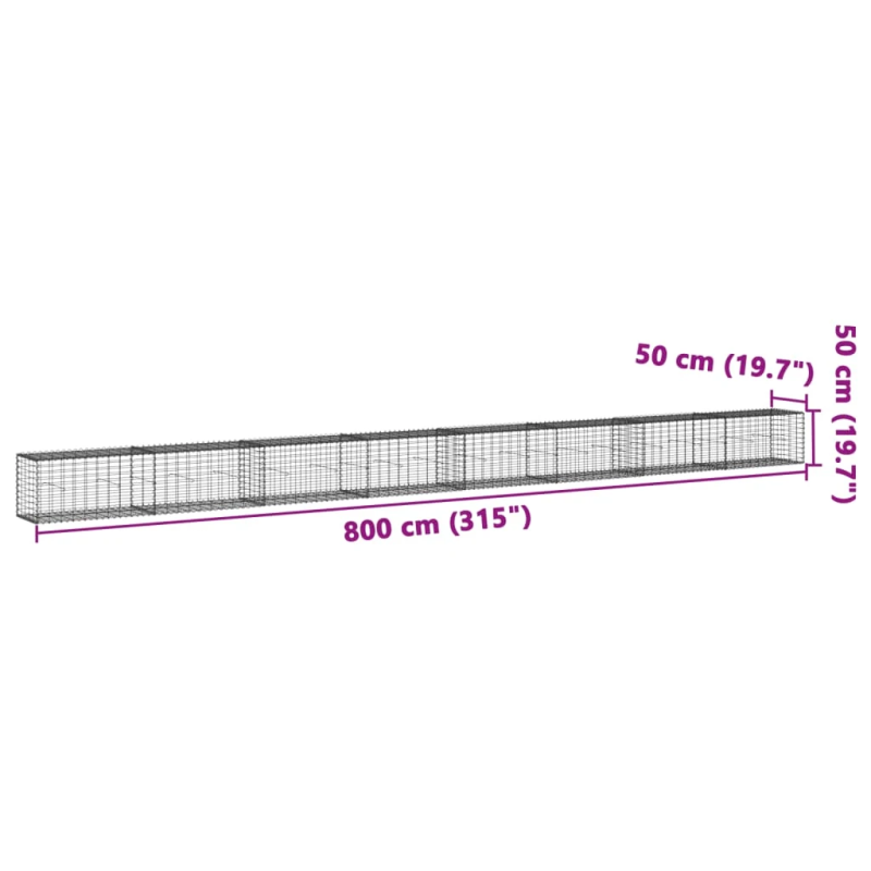 vidaXL gabiona grozs ar vāku, 800x50x50 cm, cinkota dzelzs