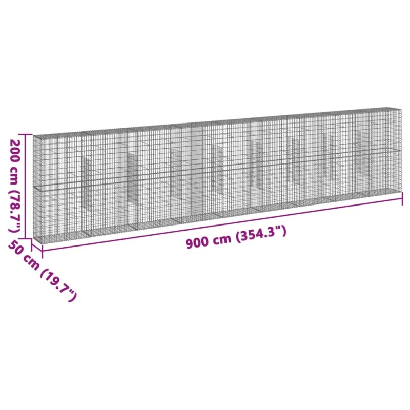 vidaXL gabiona grozs ar vāku, 900x50x200 cm, cinkota dzelzs