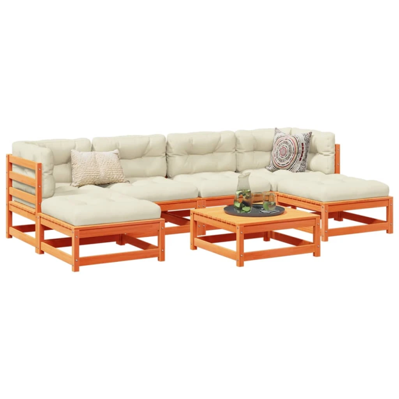 vidaXL 7-daļīgs dārza dīvānu komplekts, matrači, brūns priedes koks