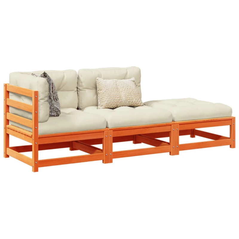 vidaXL 3-daļīgs dārza dīvānu komplekts, matrači, brūns priedes koks