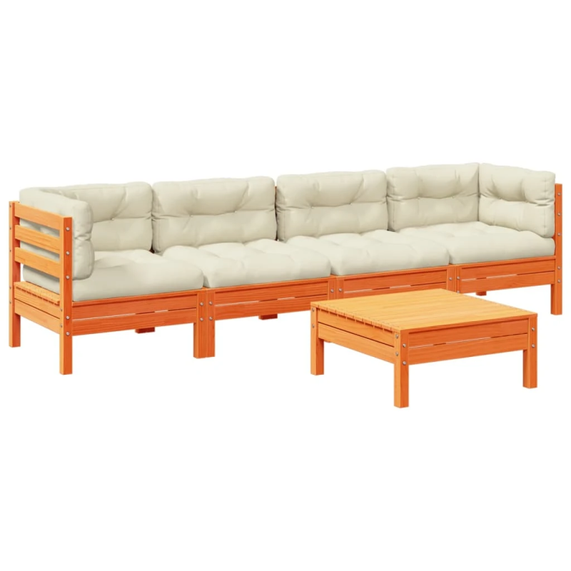 vidaXL 5-daļīgs dārza dīvānu komplekts, matrači, brūns priedes koks