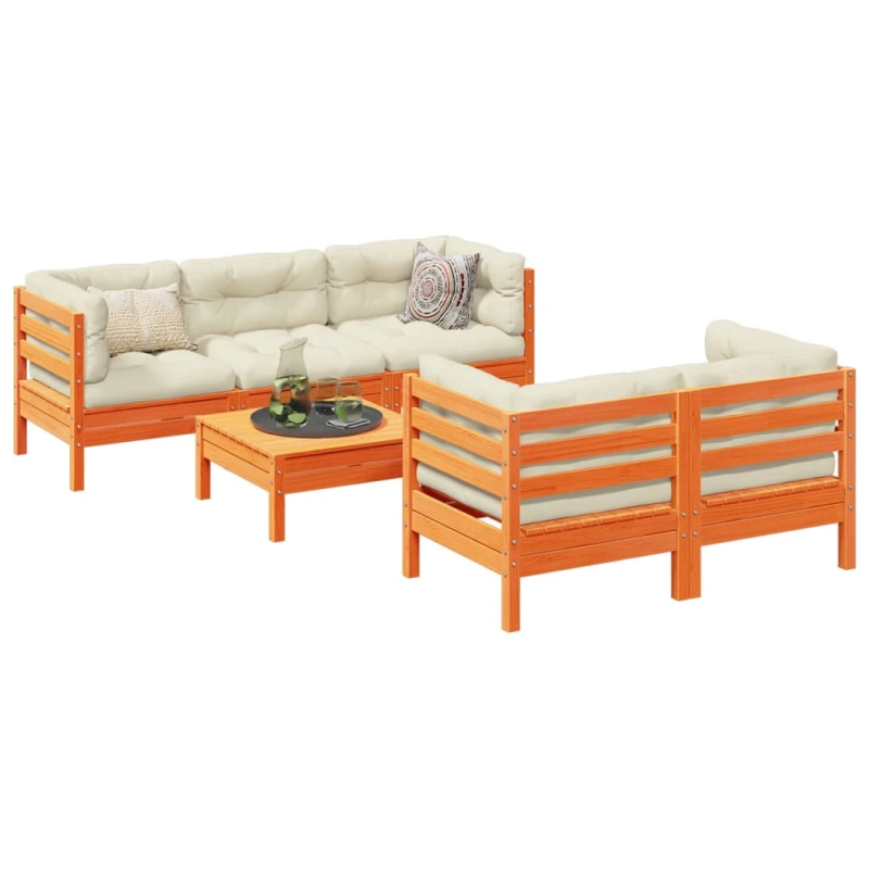 vidaXL 6-daļīgs dārza dīvānu komplekts, matrači, brūns priedes koks