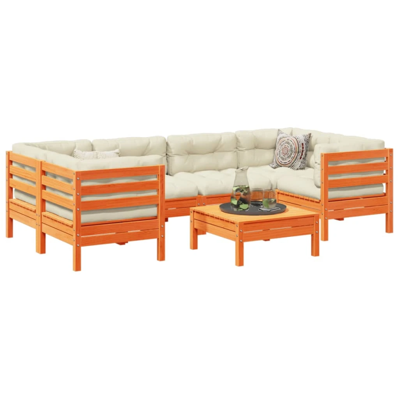 vidaXL 7-daļīgs dārza dīvānu komplekts, matrači, brūns priedes koks