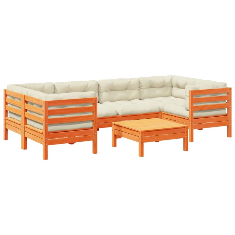 vidaXL 7-daļīgs dārza dīvānu komplekts, matrači, brūns priedes koks