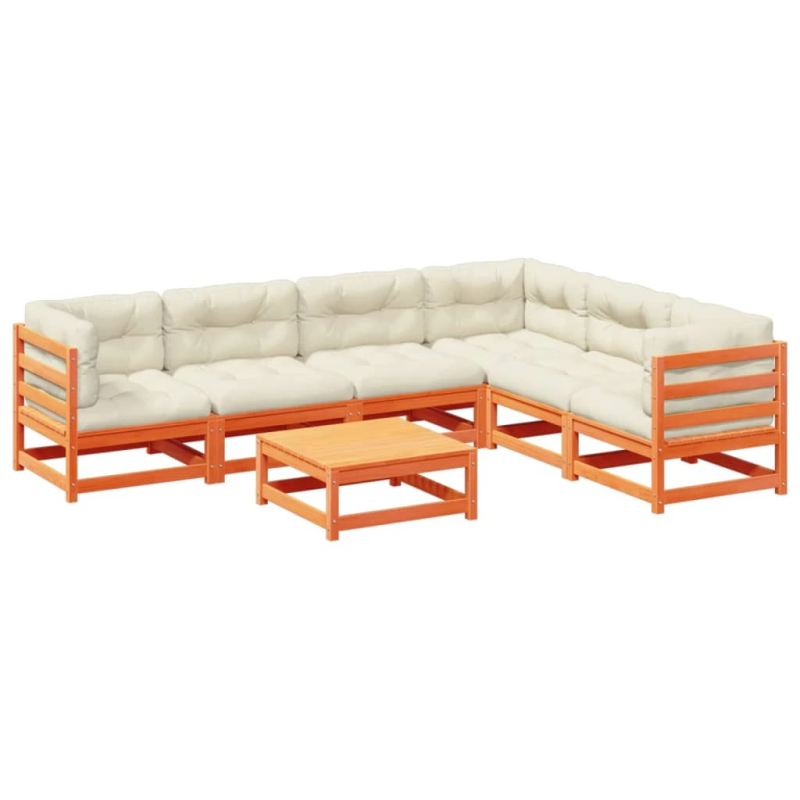 vidaXL 7-daļīgs dārza dīvānu komplekts, matrači, brūns priedes koks