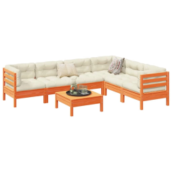 vidaXL 7-daļīgs dārza dīvānu komplekts, matrači, brūns priedes koks