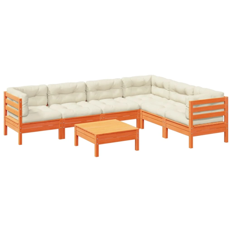 vidaXL 7-daļīgs dārza dīvānu komplekts, matrači, brūns priedes koks