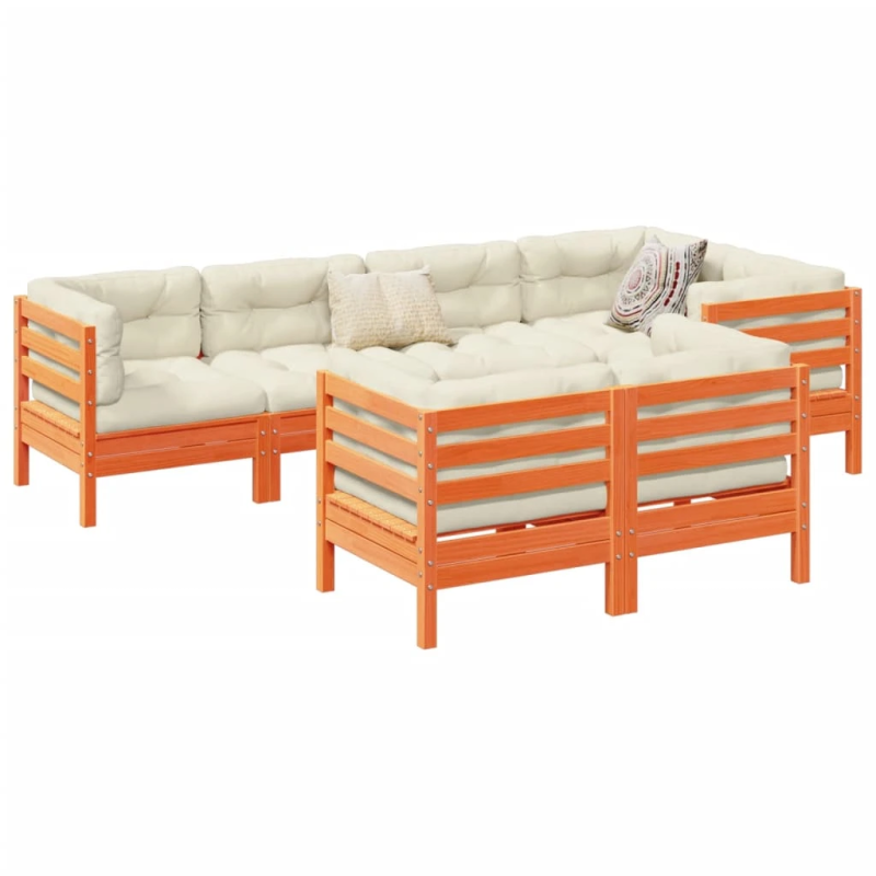 vidaXL 7-daļīgs dārza dīvānu komplekts, matrači, brūns priedes koks