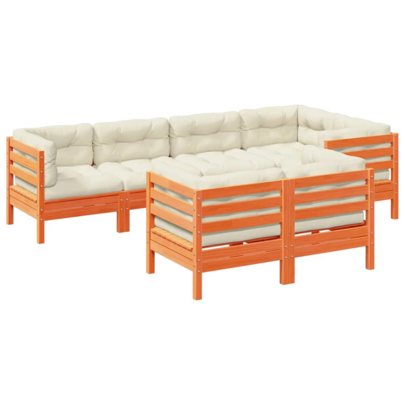 vidaXL 7-daļīgs dārza dīvānu komplekts, matrači, brūns priedes koks