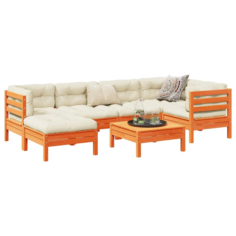 vidaXL 7-daļīgs dārza dīvānu komplekts, matrači, brūns priedes koks