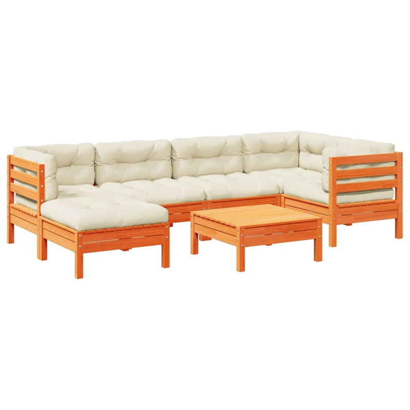 vidaXL 7-daļīgs dārza dīvānu komplekts, matrači, brūns priedes koks