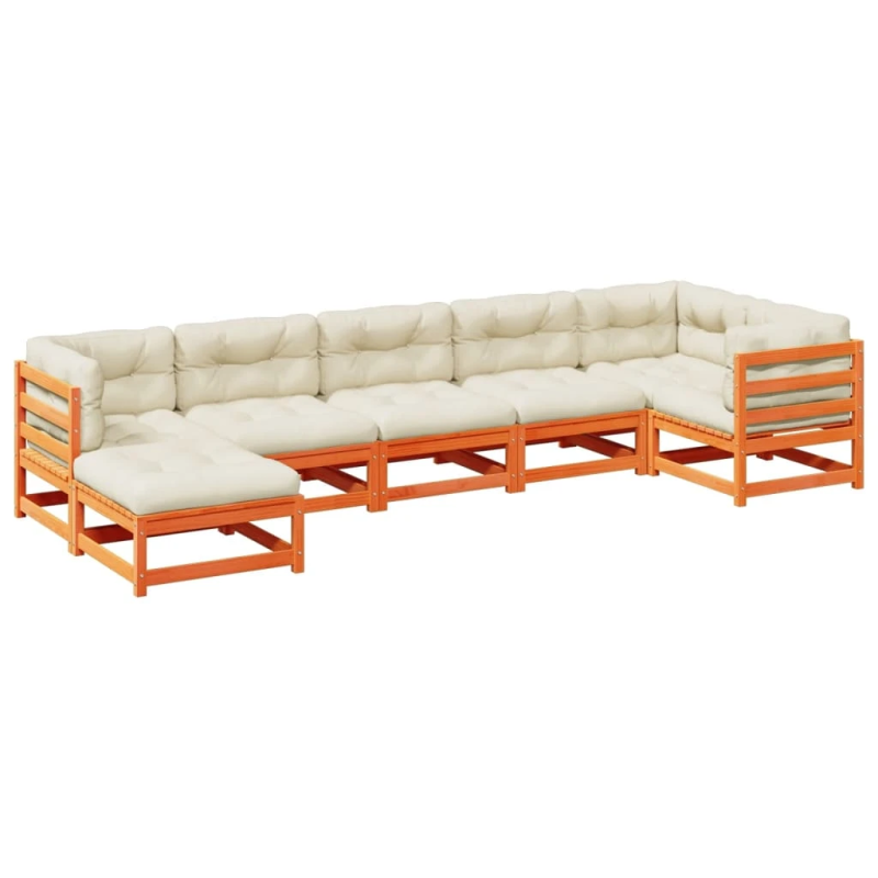 vidaXL 7-daļīgs dārza dīvānu komplekts, matrači, brūns priedes koks