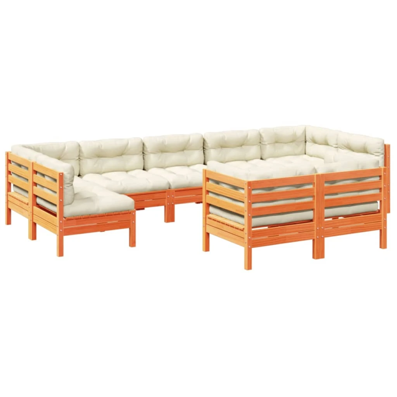 vidaXL 9-daļīgs dārza dīvānu komplekts, matrači, brūns priedes koks