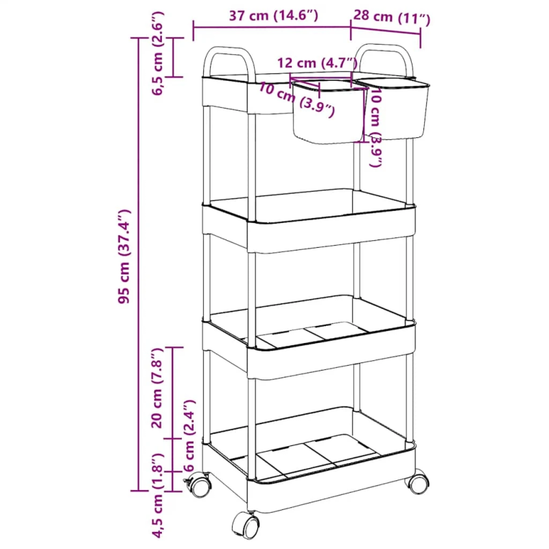 vidaXL uzglabāšanas ratiņi 4 līmeņu, caurspīdīgs, 37x28x95 cm, akrils