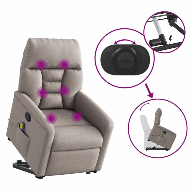 vidaXL masāžas krēsls, paceļams, pelēkbrūns audums