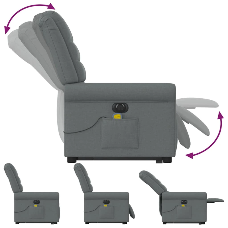 vidaXL elektrisks masāžas krēsls, paceļams, atgāžams, pelēks audums
