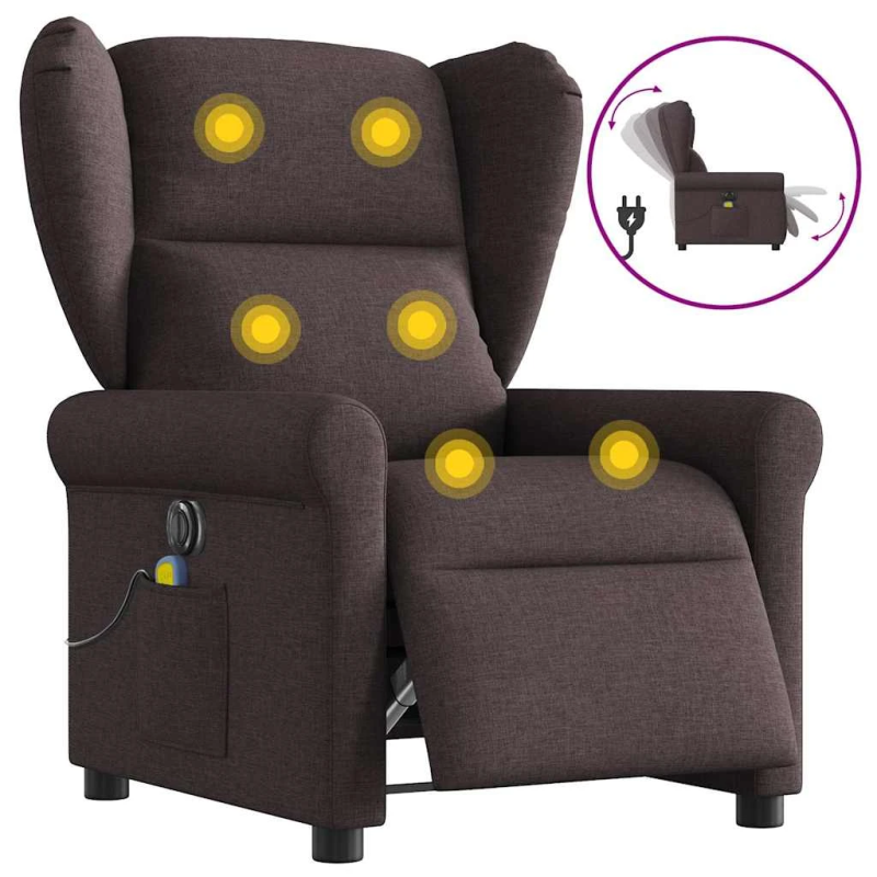 vidaXL elektrisks masāžas krēsls, atgāžams, tumši brūns audums