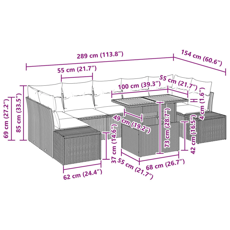 vidaXL Dārza ēdamgalds ar spilvenu ar spilvenu 8 pcs Melns un brūns