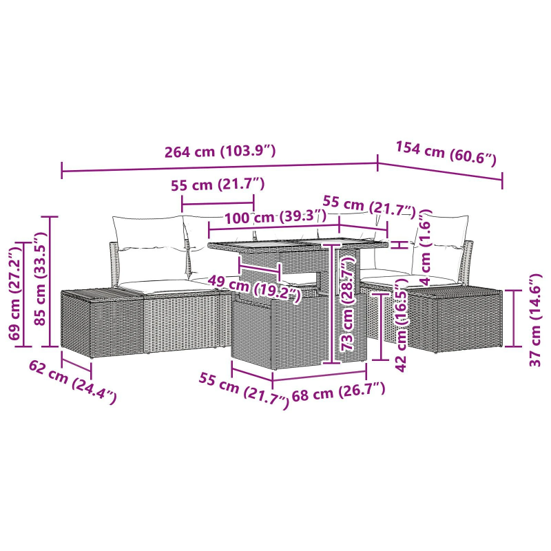 vidaXL Dārza ēdamgalds ar spilvenu ar spilvenu 6 pcs Pelēks un brūns