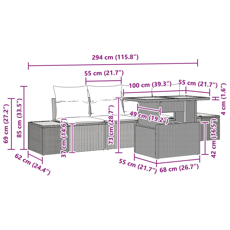 vidaXL Dārza ēdamgalds ar spilvenu ar spilvenu 5 pcs Bēšs un pelēks