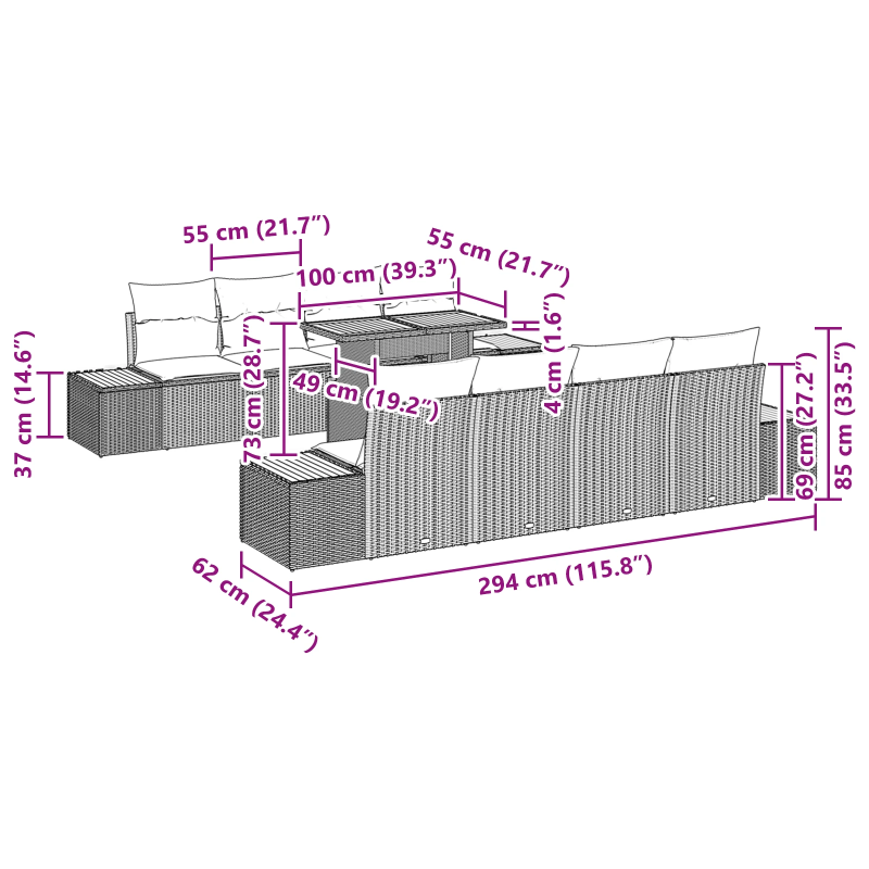vidaXL Dārza ēdamgalds ar spilvenu ar spilvenu 9 pcs Melns un brūns